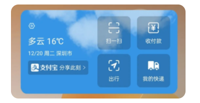 因此，OPPO为支付宝定制桌面小组件，将用户最常用的服务通过卡片的浅场景进行外显，用户可长按桌面，在卡片中选择支付宝4*2常用功能，即可点击添加至桌面。例如扫一扫、收付款、出行、快递等，用户直接点击即可跳转相应的版块，顺畅的完成整个服务流程。除此之外，支付宝桌面卡片还承载更多有用的信息，例如本地天气、用户在支付宝里订阅的蚂蚁森林、话费充值、信用卡还款等服务消息提醒，打开手机桌面即可迅速感知，为用户提供了获取端内信息的全新方式。